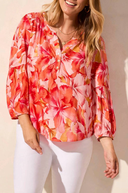 Tribal - 3/4 Sleeve Blouse with Smocked Yoke