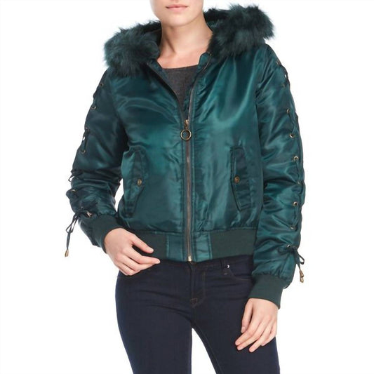 Kensie - Faux Fur Hood Lace Up Crop Puffer Jacket