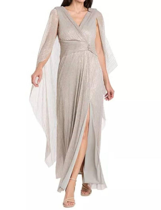 R&M Richards - Metallic Chiffon Long Dress With Sheer Cape