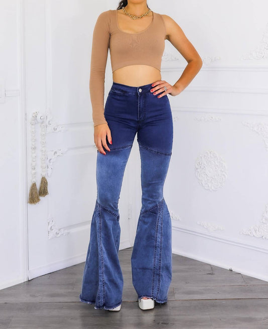 Surelymine - Lined Up Paneled Ombre Flares Bell Bottoms Denim Jeans
