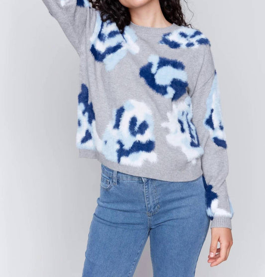 Charlie B - Hairy Yarn Floral Jacquard Crew Neck Drop Shoulder Sweater