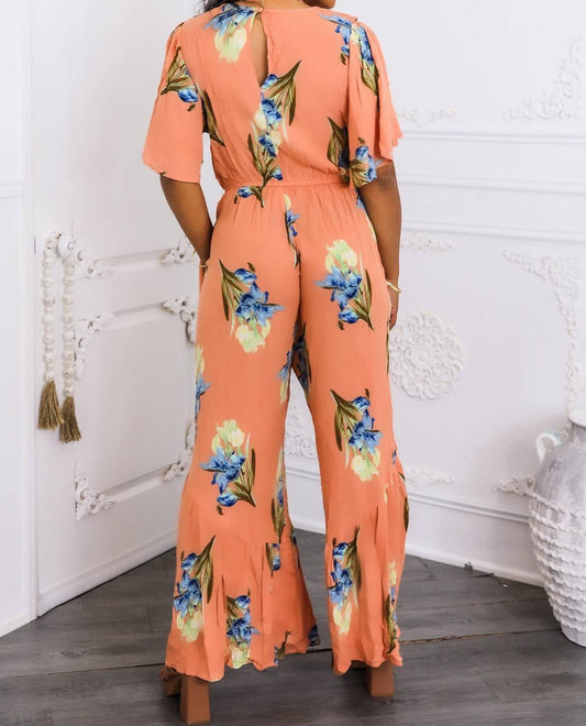 Surelymine - Peach Floral Ruffle Jumpsuit Wide-leg Summer One-piece