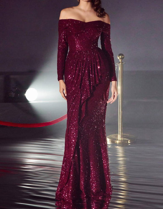 Ladivine - Sequin Off The Shoulder Long Sleeve Evening Gown