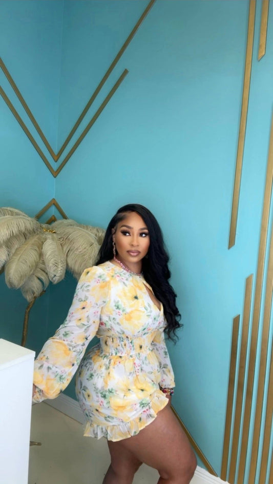 Privy - Floral Chiffon Keyhole Smocked Waist Ruffle Romper