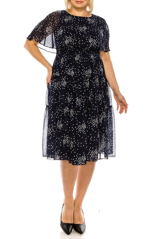 Maison Tara - Dot Print Sleeveless Cape Tiered A-line Midi Dress
