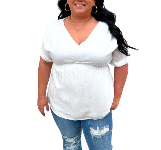 Heyson - Kylie V-Neck Blouse Textured Baby Doll Top- Plus
