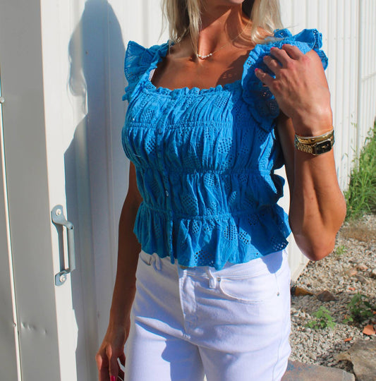 Mystree - Ruffle Shoulder Ruched Tank Top