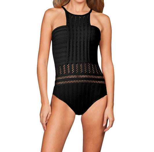 Kenneth Cole - Tough Luxe Textured High Neck One Piece Swimsuit
