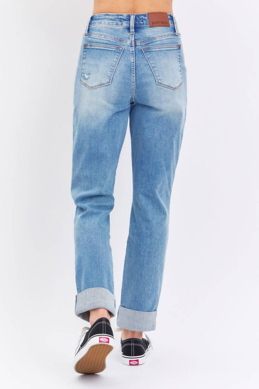 Judy Blue - High Rise Patch Pocket Distressed Cuffed Boyfriend Jeans