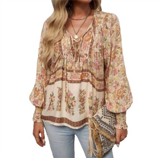 Shewin - Floral Bohemia Long Sleeve V-neck Top