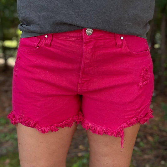 Risen - Rebecca Mid Rise Fuchsia Denim Shorts