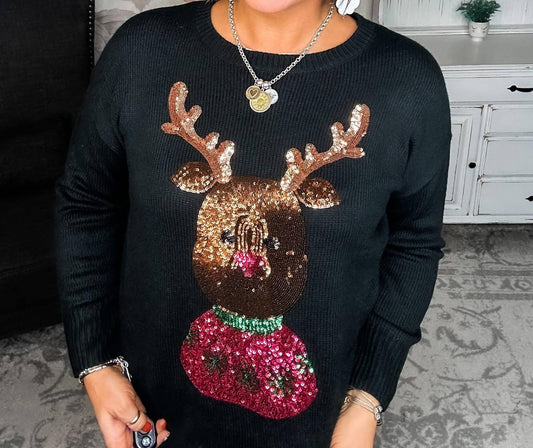 Andree By Unit - Christmas Rudolph Sequin Long Sleeve Sweater