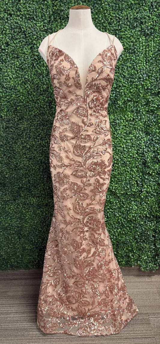 Amarra - Embellished Fitted Sequin Pattern Gown - clothing - dresses - gold