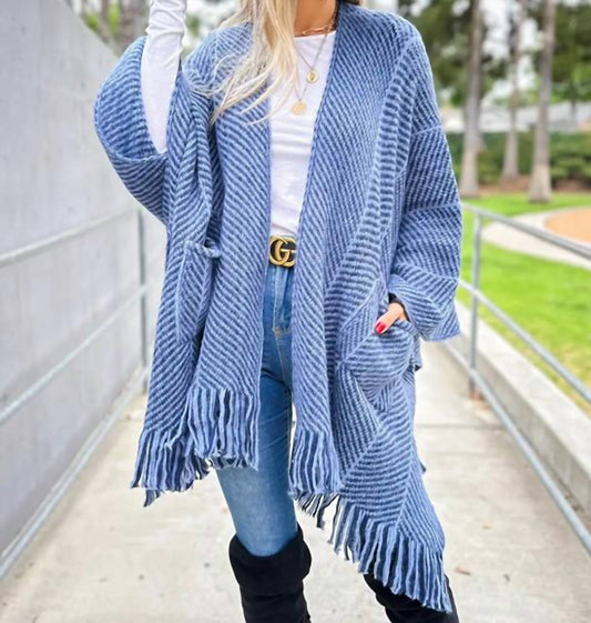 Amoli - Chevron Knitted Ruana Cardigan With Tassel And Pocket - blue - cardigans - clothing
