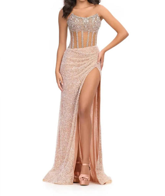 Ashleylauren - Dazzling Fully Hand Beaded Gown - beige - clothing - dresses