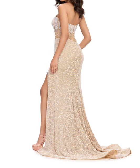Ashleylauren - Fully Beaded Strapless Gown - beige - clothing - dresses