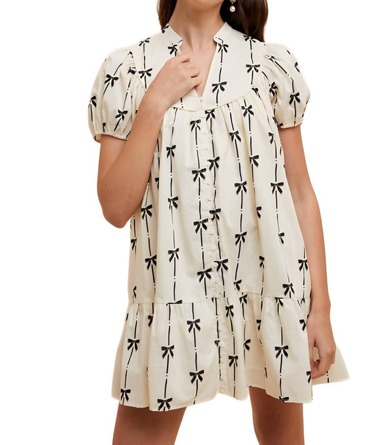 Knit & Lounge - Bow Pattern Short Sleeve Printed Mini Dress