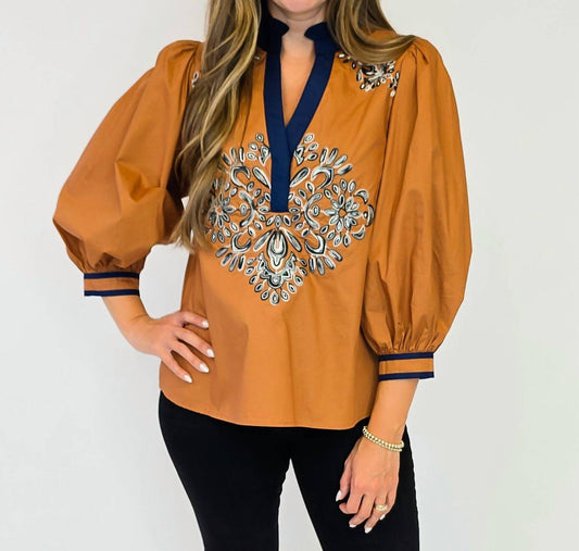 Entro - Puff Sleeve Top W/contrast Trim Split Neck Top