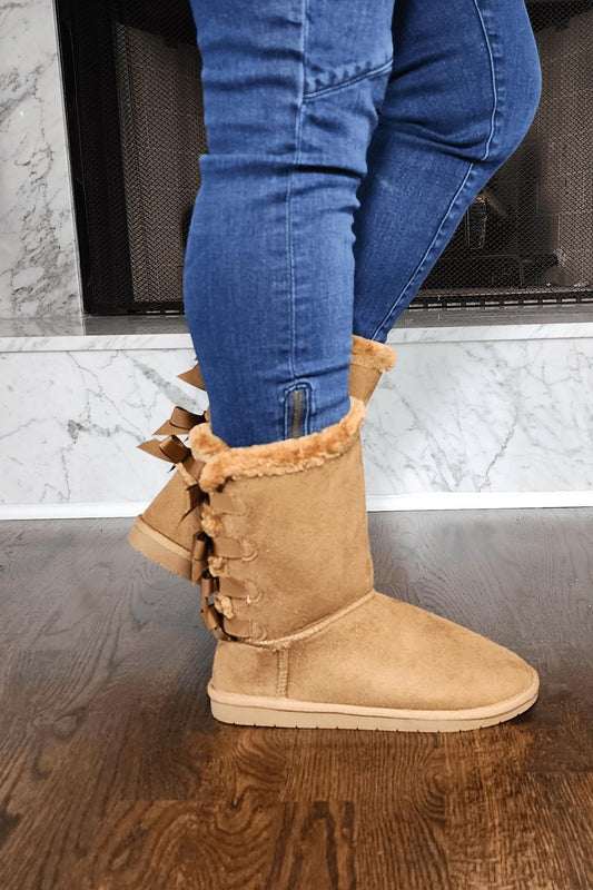 Faux Fur Boots with Bow Tie Detail