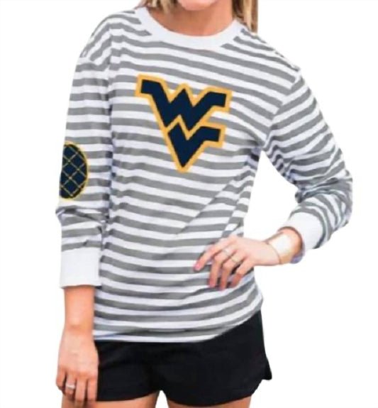 Gameday Couture - West Virginia University Striped Elbow Patch Tee