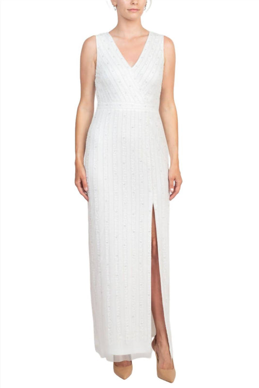 Adrianna Papell - V-neck Sequined Mesh Dress