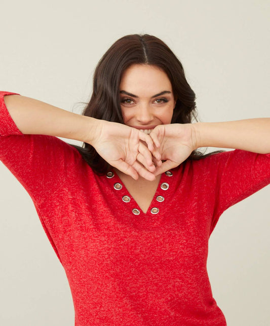 French Kyss - Soft Stretch 3/4 Grommet V Top