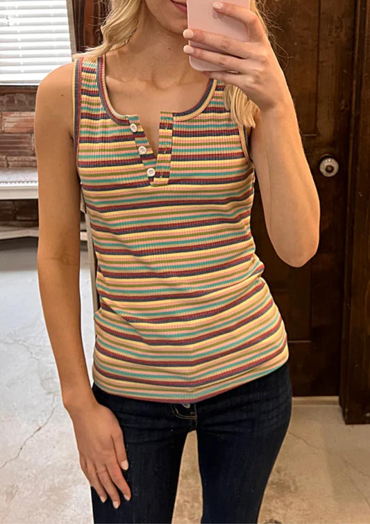 Shewin Inc. - Striped Buttons Ribbed Knit Top