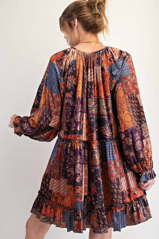 Easel - Patchwork Printed Velvet Mini Dress