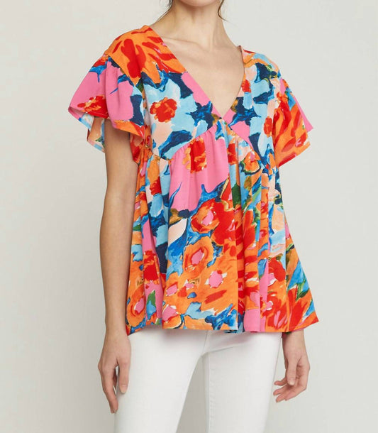 Entro - Floral Babydoll Ruffle Sleeve Top