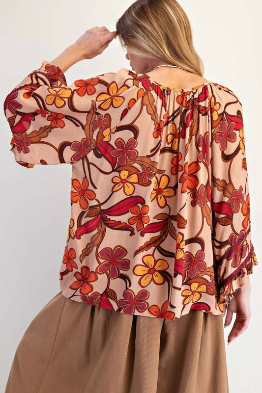Easel - Floral Print Rayon Gauze Top