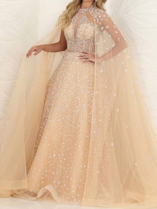 Ladivine - Beaded Illusion Design Sewn-on Cape A Line Glitter Dress
