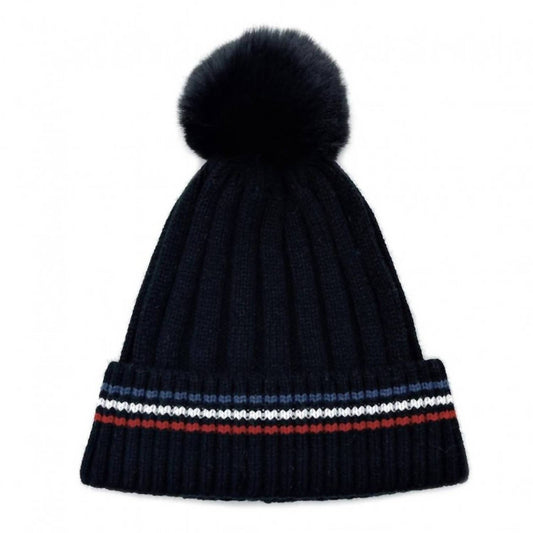 Judson & Company - Women's Stripe Details Knit Beanie With Faux Fur Pom Pom