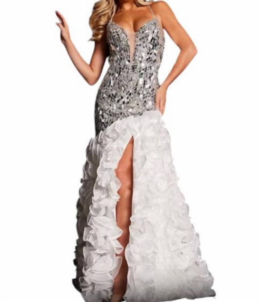 Jovani - Embellished Ruffled Cut Glass Gown