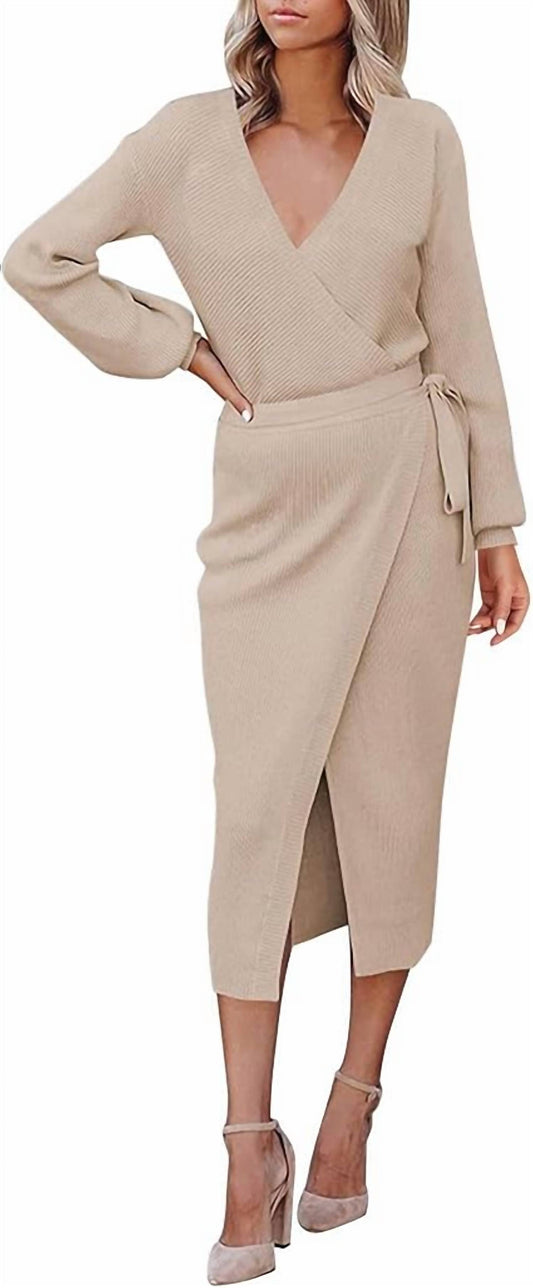 Nihao Jewelry - V Neck Belted Long Sleeve Knit Dress