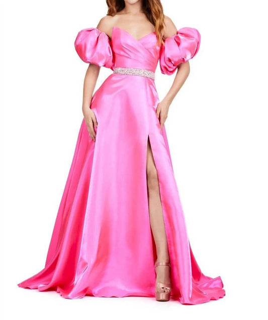 Ashleylauren - Off Shoulder Puff Sleeve Satin Gown