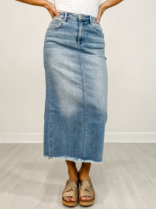 Risen - High-rise Frayed Long Denim Pencil Skirt
