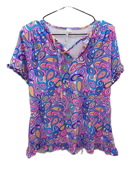 Lulu-B - Women's Paisley Neck Tie Short Sleeve Flounce Top