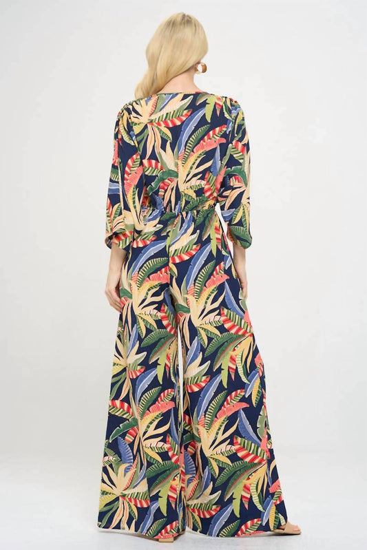 Reneec. - Tropical Print V Neck Wide Leg Jumpsuit