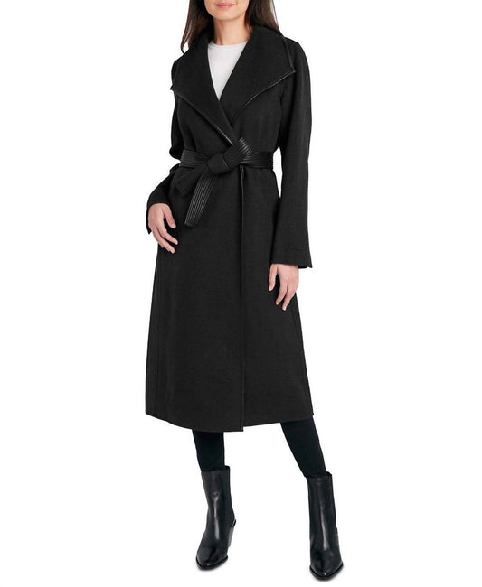 T Tahari - Juliette Double Face Faux Leather Trim Belted Wool Coat Black
