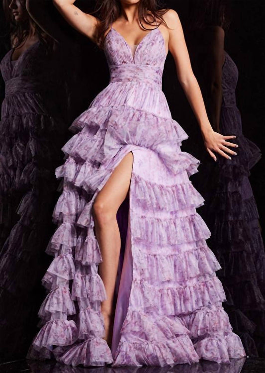 Jovani - V Neckline Print Dress