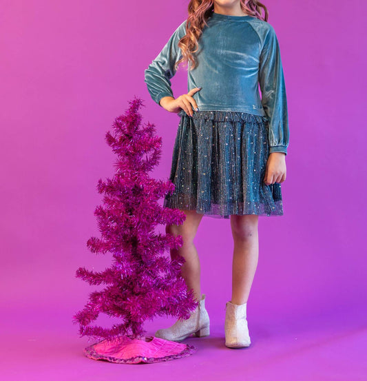 Deux Par Deux - Girl's Bi-material Velvet And Pleated Mesh Dress