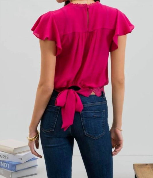 Mine - Solid Ruffle Sleeve Back Tie Lace Trim Top