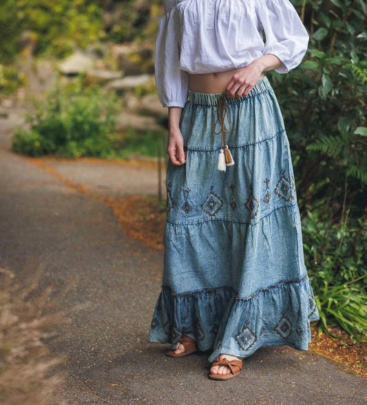 Papillon - Women's Marina Embroidered Denim Maxi Skirt