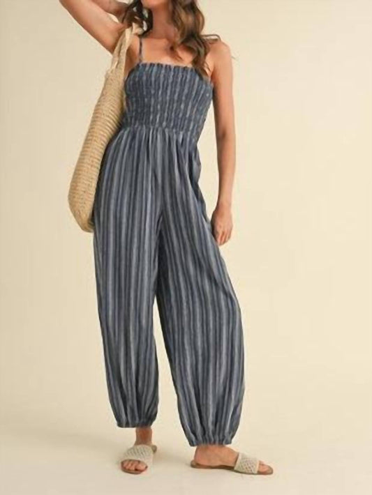 Klesis - Spaghetti Strap Smocked Striped Balloon Jumpsuit