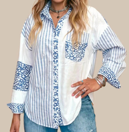Shewin - Leopard Striped Patchwork Button Up Shirt