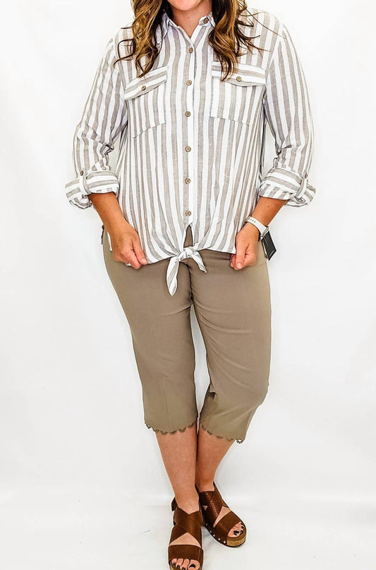 Multiples - Stone Linen Striped Top With Tie Waist