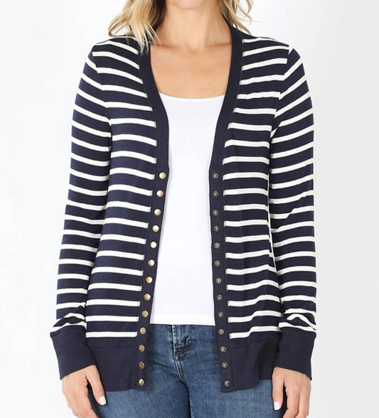 Zenana - Striped Snap Full Sleeve Cardigan