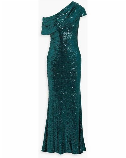 Badgley Mischka - Women's One-shoulder Draped Sequined Tulle Gown
