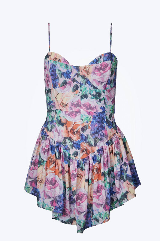 FLORAL-PRINT BUSTIER CHIFFON MINI DRESS