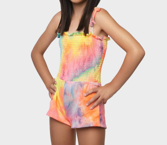 Mia - Girls' Neon Tie Dye Smocked Romper